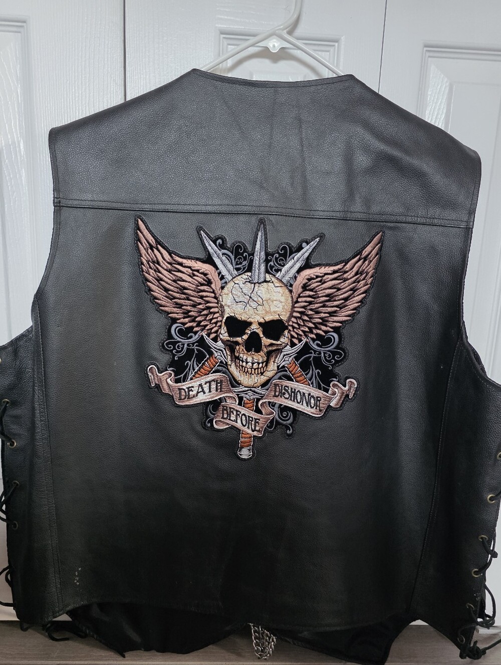 Vintage Genuine Leather Biker Vest 4XL Death Before Dishonor Patched. USA Flag